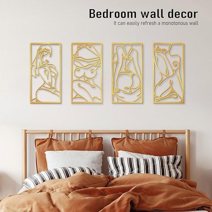 Bakovity Gold Metal Bathroom Wall Art Minimalist Line Art Wall Decor Gold Abstract Modern Wall Decor for Bathroom Living Room Bedroom (4 Pcs,17 x 9 in)