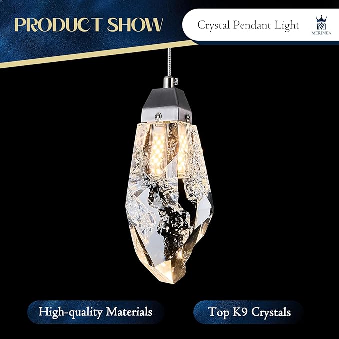 Brushed Nickel Crystal Pendant Light with Prism K9 Crystals, Modern LED Kitchen Island Hanging Light Fixture Adjustable Single Pendant Chandelier for Dining Room, Bedroom, Bathroom, Bar
