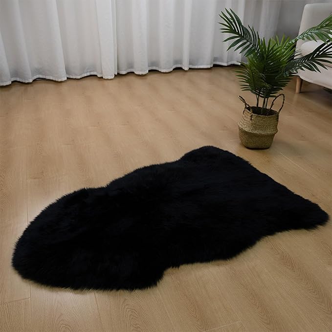 Genuine Sheepskin Rug New Zealand Fluffy Lambskin Rug, Natural Luxury Sheepskin Throw for Bedroom Living Room Children's Room - Premium Area Rug Chair Cover (2×3 Feet, Black)