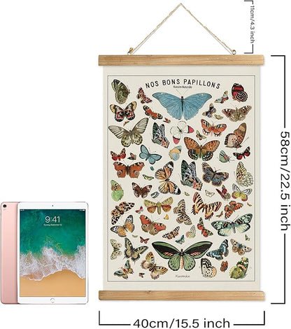 XIAOAIKA Vintage Butterfly and World Flowers Poster Set - Educational Insect and Botanical Wall Art with Wooden Hanging Frames, Decorative Prints for Home and Classroom 16 x 23 Inches