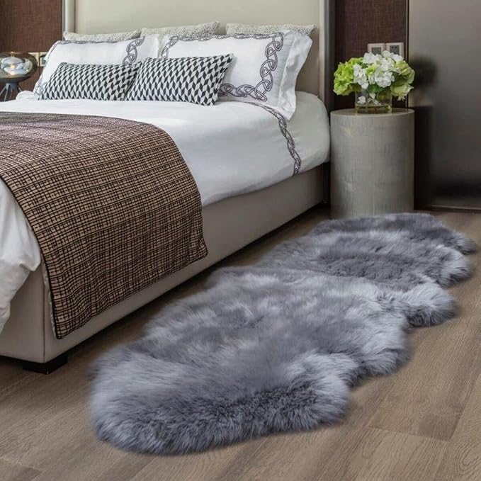 HUAHOO Premium Genuine Sheepskin Rug Grey Real Australia Sheepskin Natural Luxury Fluffy Lambskin Fur Area Rug for Kids Bedroom Sofa Chair Cover Pets Dogs Mat Double Pelt/2' x 6' Silver Grey