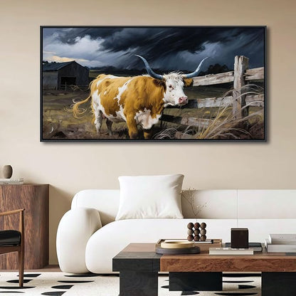 Highland Cow Wall Art - Rustic Pictures for Living Room,Framed Country Wall Decor, Vintage Artwork for Walls, Longhorn Cow wall Decor - Large Farmhouse Canvas for Bedroom 24×48IN