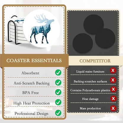 Drink Coasters with Holder,6 Pcs Deer Misty Forest Absorbent Ceramic Coasters with Cork Base,Cute Funny Table Drinks Coasters,Table Home Decor,4 Inches