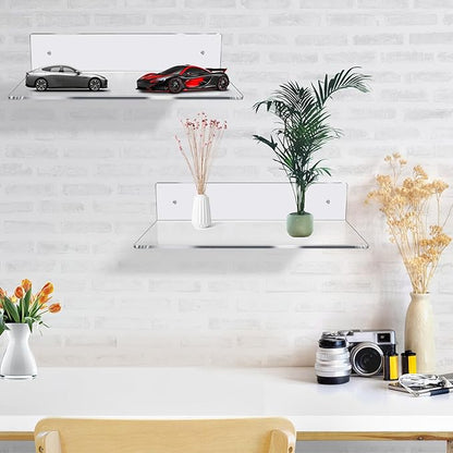 Jansburg 12 Inch L-Shaped Acrylic Floating Shelf Wall Mounted Shelves Invisible 5MM Thick Shelf for Wall Storage Clear Shelves for Makeup Photo Picture Book Record Display 2 Pack