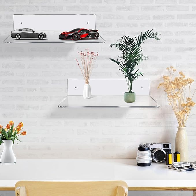 Jansburg 12 Inch L-Shaped Acrylic Floating Shelf Clear Wall Mounted Shelves Invisible 5MM Thick Shelf for Wall Storage Clear Shelves for Makeup Photo Picture Book Record Display 4 Pack