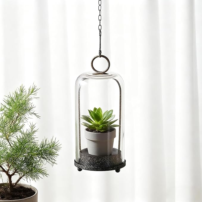 12" High Versatile Modern Metal Hurricane Lantern with Handmade Sturdy Glass Dome in Rustic Brown for Pillar Candle & Plants, Industrial, Farmhouse, Shabby Chic (Brown, 5"x12")