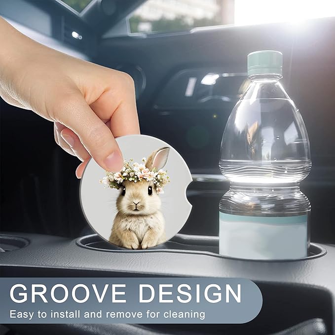 Easter Bunny Car Cup Holder Coaster,Cute Animal Rabbit Car Coasters for Cup Holder,2 PCS Absorbent Insert Ceramic Car Assecories with Cork Back & Finger Notch for Women Men