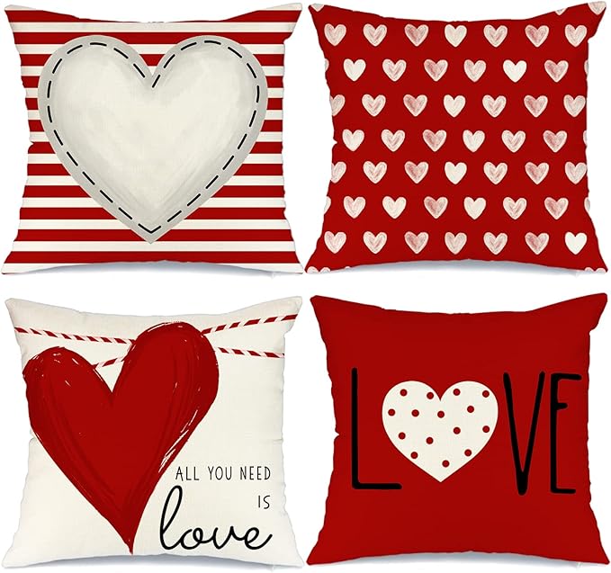 GEEORY Valentines Day Pillow Covers 20x20 inch Set of 4 for Valentines Decor Red White Stripes Dots Love Heart Valentines Day Throw Pillows Decorative Cushion Cases Valentine Decorations