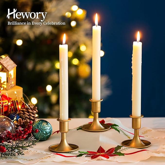 Gold Taper Candle Holder Set of 2, Hewory Short Skinny Brass Candlestick Holders, Vintage Small Low Metal Candles Sticks for Wedding Centerpieces Christmas Birthday Party Holiday Dinning Table Decor