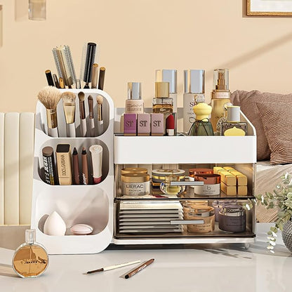 Makeup Organizer with Drawers,Large Capacity Countertop Organizer for Vanity,Bathroom and Bedroom Desk Cosmetics Organizer,Easy To Storage Skincare,Brushes, Eyeshadow, Lotions, Lipstick (White)