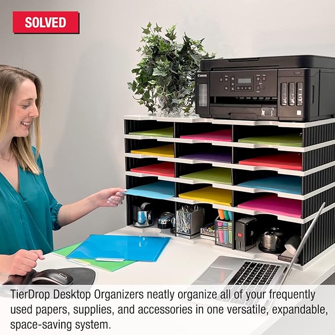 Ultimate Office Desktop Organizer 12 Letter Tray Sorter PLUS Riser Storage Base for Easy Access to Lower Slots, Desk Accessories & Supplies. Optional File Topper & Drawers