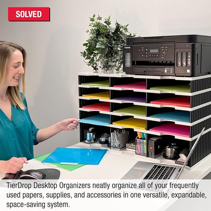 Ultimate Office Desktop Organizer 12 Letter Tray Sorter PLUS Riser Storage Base for Easy Access to Lower Slots, Desk Accessories & Supplies. Optional File Topper & Drawers