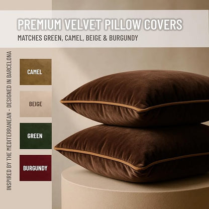 2 Pack Velvet Decorative Throw Pillow Covers, 18"x18", Brown and Camel, Solid, Modern, Contrast Piping, Indoor Use, Bedroom & Living Room