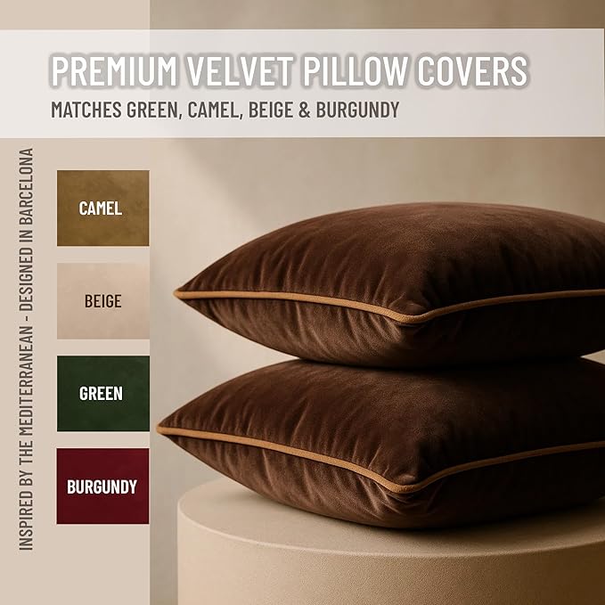 2 Pack Velvet Decorative Throw Pillow Covers, 20"x20", Brown and Camel, Solid, Modern, Contrast Piping, Indoor Use, Bedroom & Living Room