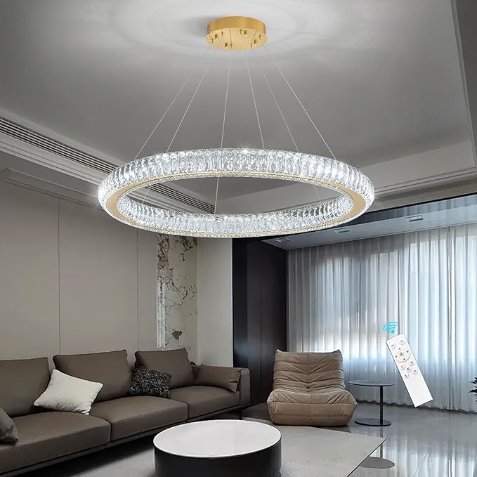 Modern Ring Chandelier LED Dimmable Living Room Chanderliers Entryway High Ceiling Crystal Ring Pendant Lights for Dining Room Bedroom Gold Interior Light