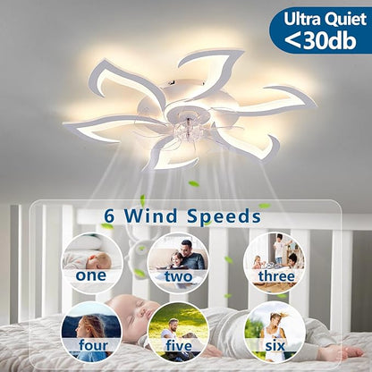 HuixuTe 32" White Geometric Modern 6-head Ceiling Fan with Lights Remote Control, Low Profile Ceiling Fan with Light for Kitchen Bedroom Living Room