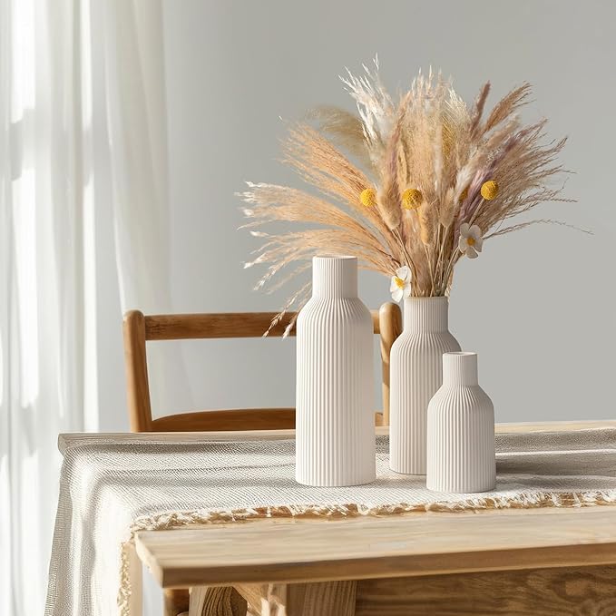 White Ceramic Vases Set of 3 - Modern Matte Ribbed Vases for Pampas Grass & Dried Flowers - Minimalist Decorative Centerpieces for Living Room, Shelf, Entryway & Wedding (Not for Water)