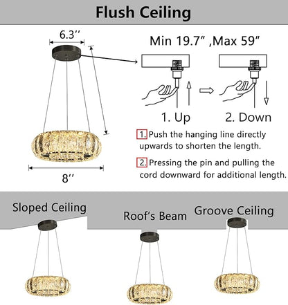 LED Ring Chandelier Modern Pendant Lights for Kitchen Island Dining Room Remote Dimmable Hanging Light Entryway Bedroom Crystal Lighting Black Chandeliers