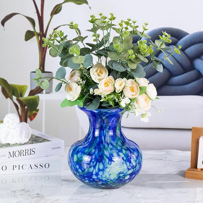Glass Vases for Flower, Unique Hand Blown Blue Glass Vase, Modern Art Decorative for Home Living Room, Office, Table centerpieces, Bookshelves and Wedding Decorations (JG55)