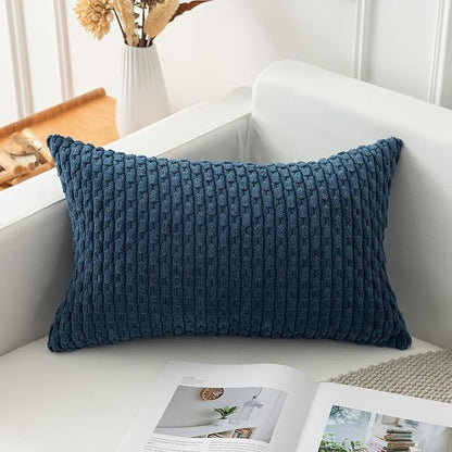 Kevin Textile Pack of 2 Corduroy Decorative Throw Pillow Covers 12x20 Inch Soft Boho Striped Pillow Covers Modern Farmhouse Home Decor for Autumn Sofa Living Room Couch Bed Blue