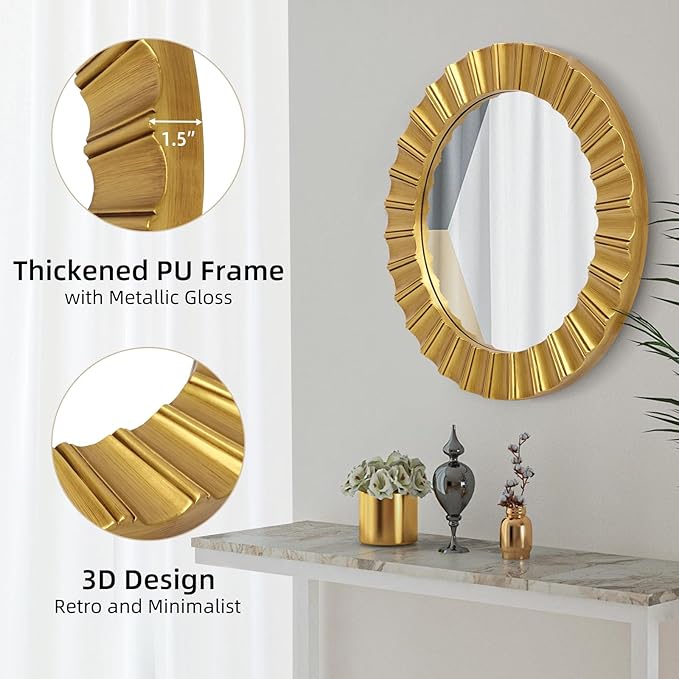 Round Gold Mirrors for Wall Decor 26 Inch, Art Deco Mirror for Bathroom With Geometric Frame, Gold Circle Mirrors Entryway Mirrors for Wall, Modern Wall Mounted Mirror for Bedroom, Living Room