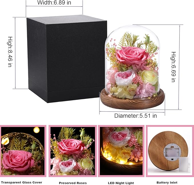 LOVENFOLD Flowers for Delivery Preserved Flowers Pink Roses with LED Light in a Glass Dome,Long Lasting Forever Flowers Birthday Gifts for Women Daughter Mom Wife Friend（Pink Rose）