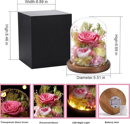 LOVENFOLD Flowers for Delivery Preserved Flowers Pink Roses with LED Light in a Glass Dome,Long Lasting Forever Flowers Birthday Gifts for Women Daughter Mom Wife Friend（Pink Rose）