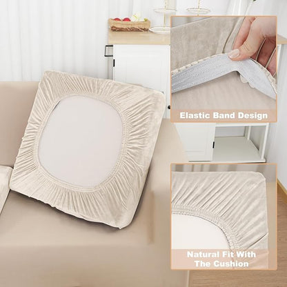 NAISI Sectional Couch Cover 4 Pieces Velvet Separate Couch Cushion Covers L Shape Soft Stretch Sofa Slipcovers with 2pcs Pillowcases for Left/Right Chaise Sectional Couch(3 Seater+1 Chaise,Beige)