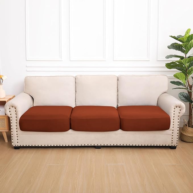 hyha Waterproof Couch Cushion Covers, Stretch Sofa Couch Seat Slipcover for Dog Washable, Non-Slip Waterproof Outdoor Cushion Covers for Patio Furniture Replacement (3 Pieces, Rust)