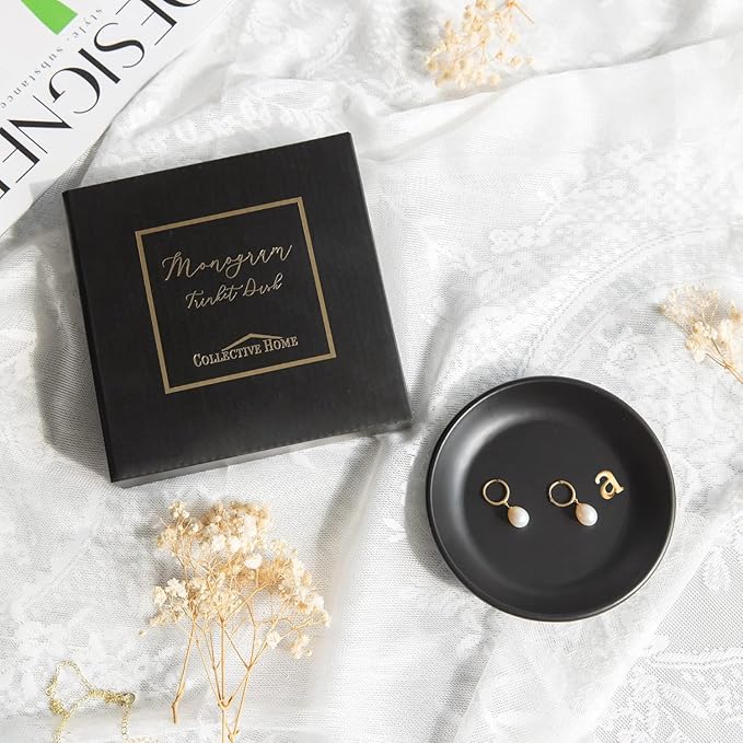 COLLECTIVE HOME - Ceramic Jewelry Tray, Decorative Trinket Dish for Rings Earrings Necklaces Bracelet Watch Keys, Birthday Mother's Day Christmas Gift for Women, 4.75", Black Surface (a)