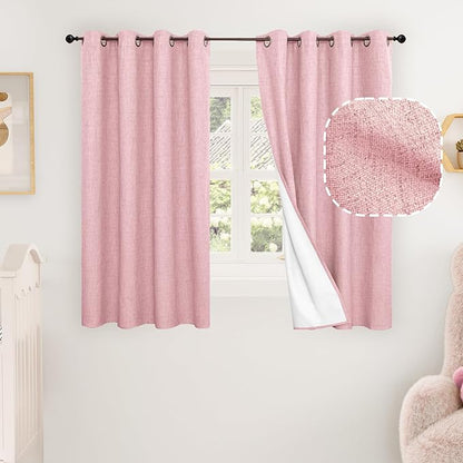 Baby Pink Linen Blackout Curtains for Nursery 45 Inch Length 2 Panels Set, Thermal Insulated Boho Total Black Out Noise Reducing Bonzer Grommets Window Curtains for Girls Bedroom, Each 52 Inch Wide