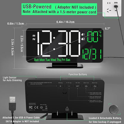KOSUMOSU Digital Clock for Bedroom, 6.7in Black Alarm Clocks for Bedrooms,Auto Dimming, Date, Day of Week, Indoor Temperature,Digital Alarm Clock,Clocks for Living Room