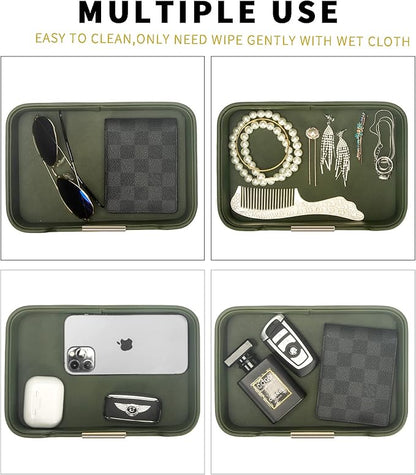 SANZIE Luxury Leather Tray Desktop Storage Catchall Organizer Decorative Tray for Entryway Table to Hold Jewelry Watch Keys Phone Wallet (Metal Glided, Dusty Green)