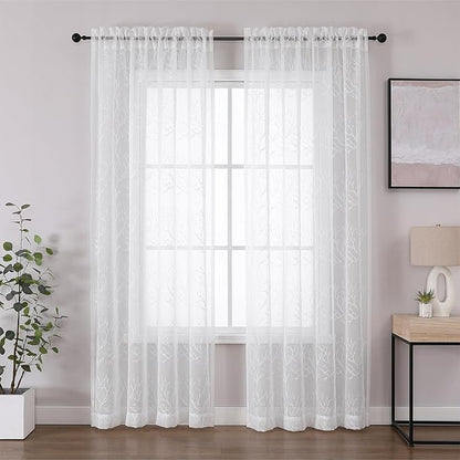 VISIONTEX Sheer Curtains 108 inch Length 2 Panels Set Decorative White Coral Embroidery Rod Pocket Embroidered Semi Sheer Window Drapes for Living Room and Bedroom 54 x 108 Inches