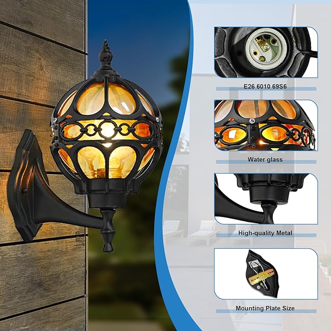 Outdoor Wall Lights, Black Globe Porch Light, Spherical Aluminum Exterior Lighting Fixtures for Patio Yard Doorway Garage, Anti-Rust Waterproof Globe Outside House Lantern Wall Mount with Amber Glass