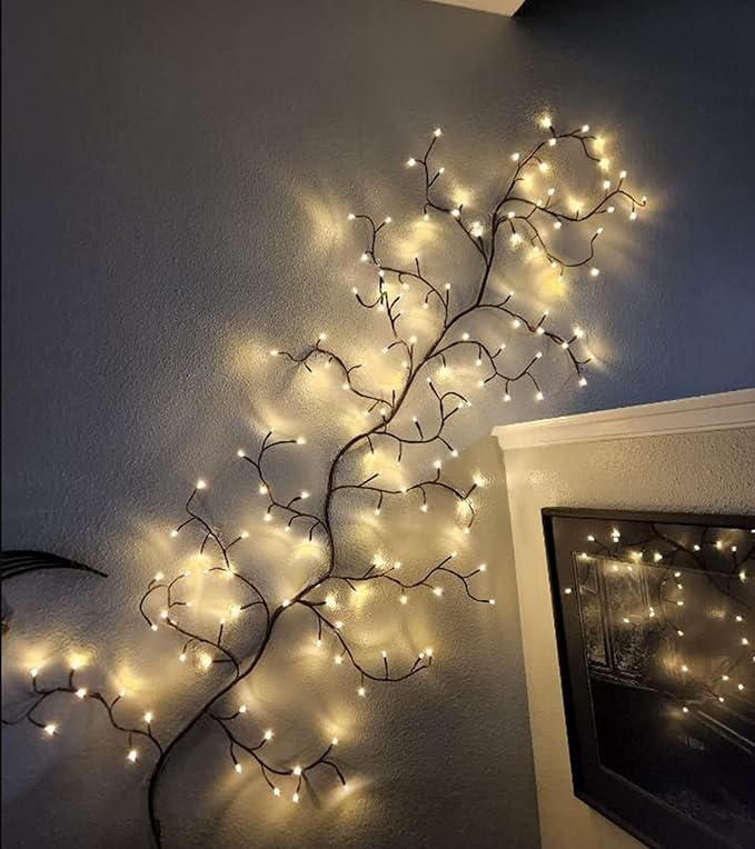 Vines for Room Decor with Remote Control On/Off Timmer Dim,7.5FT Artificial Plants Tree Willow Vine Lights Plug in 144 LEDs for Walls Bedroom,Living Room,Indoor Home Decoration(Brown)