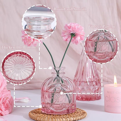 Pink Glass Bud Vases Set of 5, Mini Flower Vase for Centerpieces, Small Clear Vases in Bulk for Wedding Decorations, Vintage Vase for Table, Home Décor
