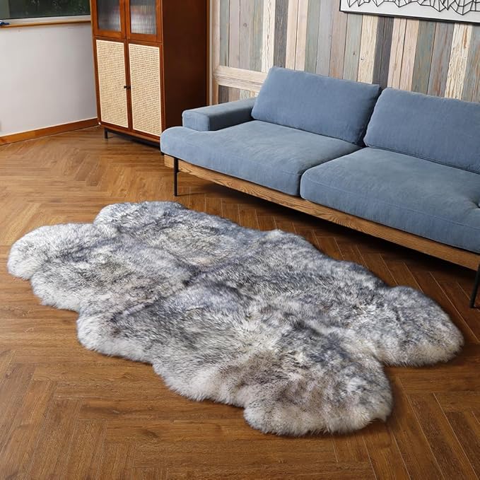 LLB Genuine Sheepskin Area Rug Wool Rug Fur Carpet Fluffy Shaggy Fur Rug for Living Room Kids Bedroom Real Sheepskin Throw Lambskin Rugs Sofa Mat Chair Seat Covers (Snow Grey, 4 x 6 ft Sheepskin)