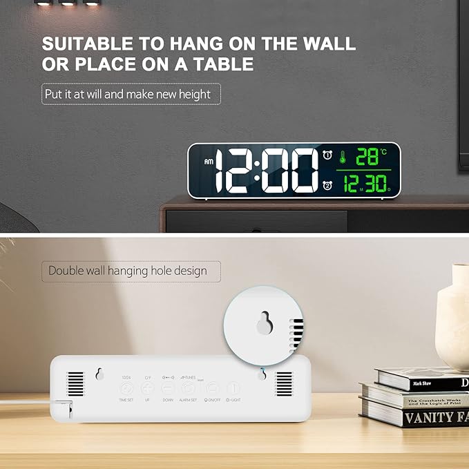 Hournor Digital Clock for Bedroom, Digital Wall Clock for Living Room Decor, Desk Table Clocks, Digital Clock Large Display, Bedroom Smart Alarm Clock for Office White Green