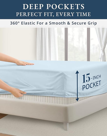 LANE LINEN 100% Egyptian Cotton Queen Sheets Set, Long Staple Mercerized Cotton Bedding Sheets, Sateen Weave, Luxury Hotel Sheets, Deep Pocket - Ice Melt