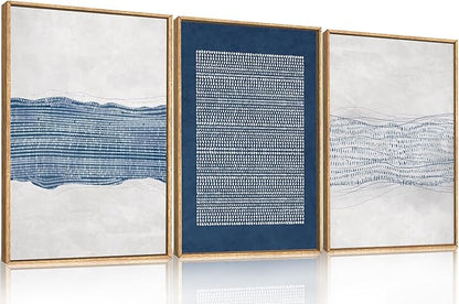 Aryroi Large Abstract Navy Blue and White Framed Canvas Wall Art,Minimalist Boho Waves Lines Wall Decor,Modern Mid Century Artwork,Neutral Geometric Art Print for Living Room,Bedroom,Office- 16"x24"x3