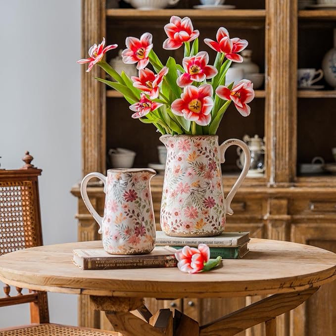 Vintage Colorful Daisy Flora Ceramic Vase with Handle, Retro Ice Glazed Crack Farmhouse Pitcher Vase for Home Decor, Living Room, Shelf, Office, Rustic Table Centerpiece 7 Inch