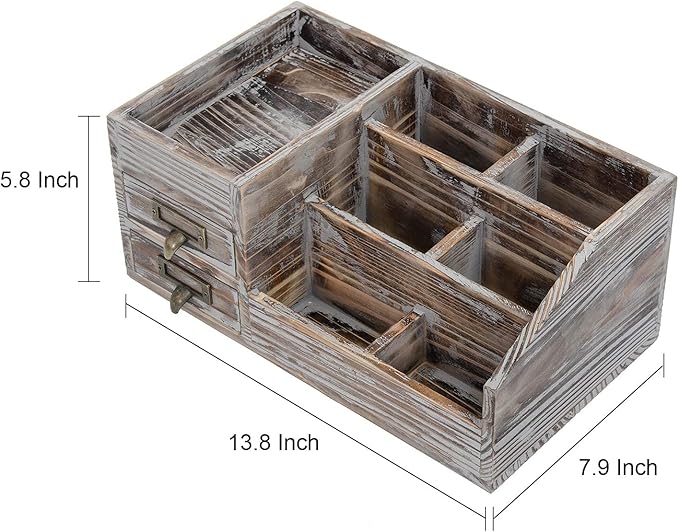 Liry Products Rustic Torched Wooden Desktop Organizer Dark Brown Tabletop Storage Cabinet Stepped Rack Multiple Compartments 2 Tier Drawers Makeup Accessory Sorter Display Box Home Office Supplies