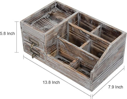 Liry Products Rustic Torched Wooden Desktop Organizer Dark Brown Tabletop Storage Cabinet Stepped Rack Multiple Compartments 2 Tier Drawers Makeup Accessory Sorter Display Box Home Office Supplies