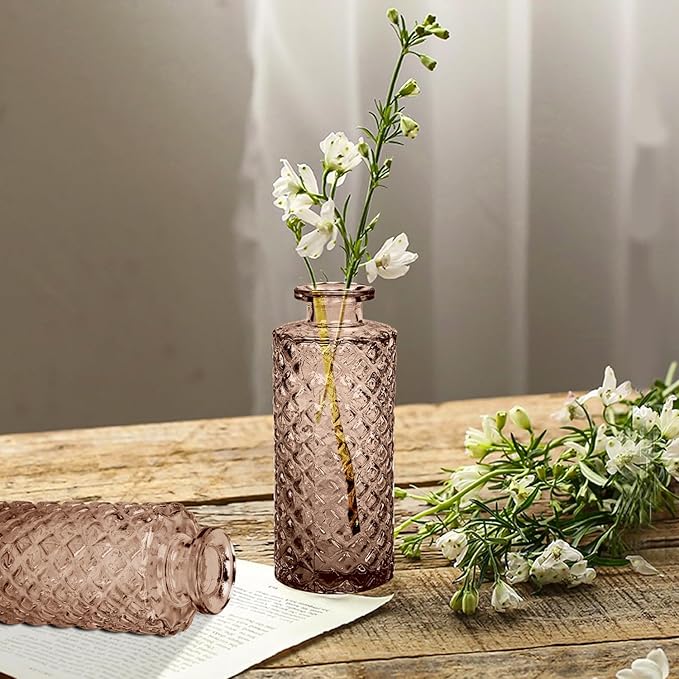 Bud Vases,6 Pcs Glass Vase Small Amber Bud Vases for Centerpieces, Vintage Vase for Centerpieces, Rustic Wedding, Home, Table Decor (Amber)
