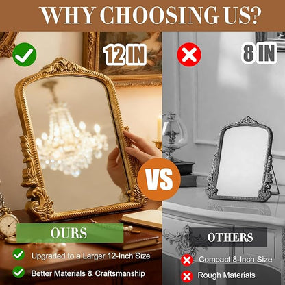 YUSONG Vintage Gold Mirror for Desk - 12" Vanity Mirrors with Resin Frame Decorative Wall Art for Tabletop Living Room Retro Decor