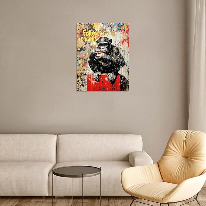 Ypxzzj Banksy Street Graffiti Monkey Canvas Wall Art for Living Room,Follow Your Dreams Animal Picture Prints Canvas Artworks,Doodle Monkey for Wall Decor Framed Ready to Hang