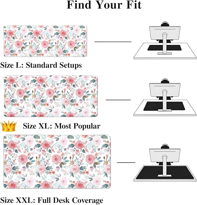 UJoowalk XL Extended Mousepad (35.3 x 15.7 Inch), Large Botanical Desk Mat, Pastel Pink Peony & Green Leaf Design, Waterproof Keyboard Surface, Aesthetic Work Accessories