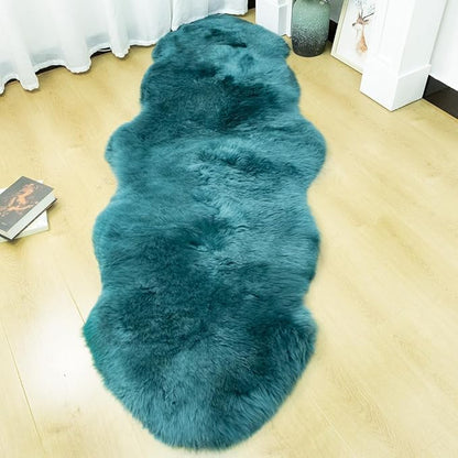 Genuine Sheepskin Rug New Zealand Fluffy Lambskin Rug, Natural Luxury Sheepskin Throw for Bedroom Living Room Children's Room - Premium Area Rug Chair Cover (2×6 Feet, Dark Teal Blue)