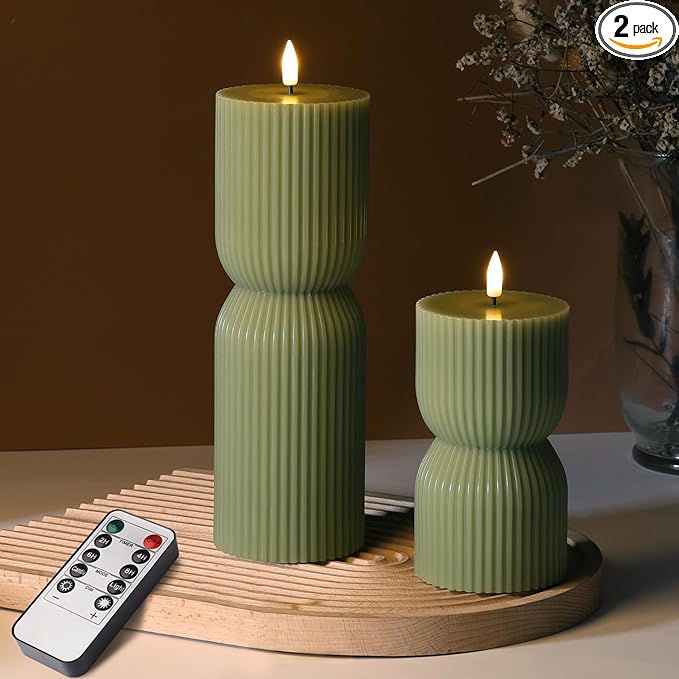 Olive Green Ribbed Flameless Pillar Candles with Remote, LED Candles Battery Operated Flickering Real Wax Set of 2